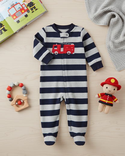 🚒 Carter’s Baby Boy Fire Truck Fleece Sleep & Play – Navy & Grey Stripes