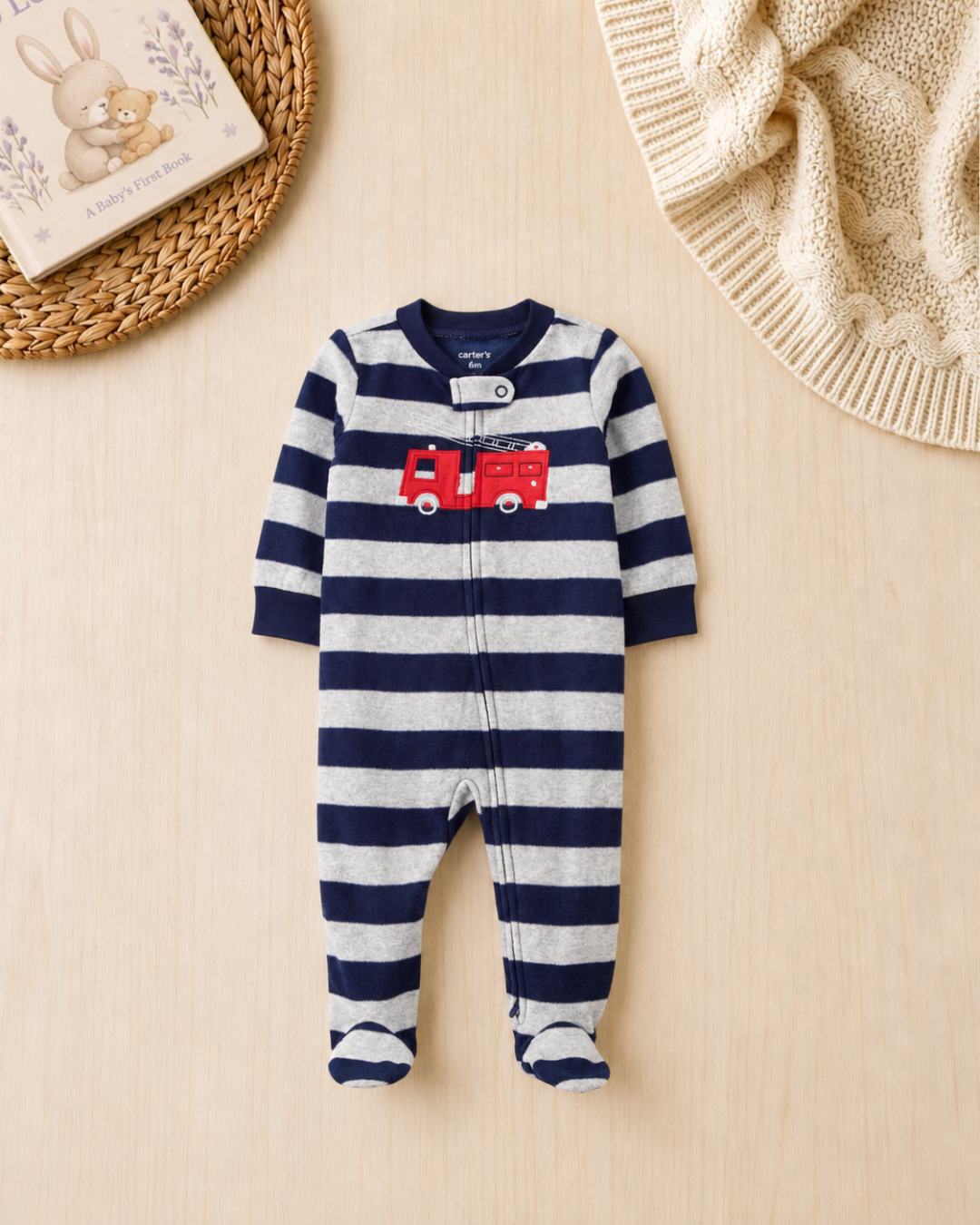 🚒Original Carter's Baby Boy Fire Truck Fleece Sleep & Play – Striped Adventure