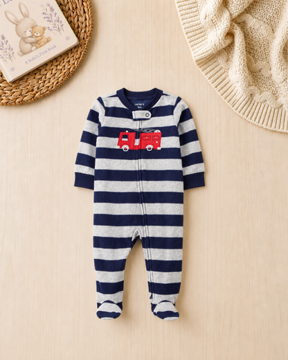 🚒Original Carter's Baby Boy Fire Truck Fleece Sleep & Play – Striped Adventure