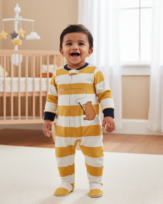 🐻 Carter’s Baby Boy Striped Bear Fleece Sleep & Play – Classic Stripes