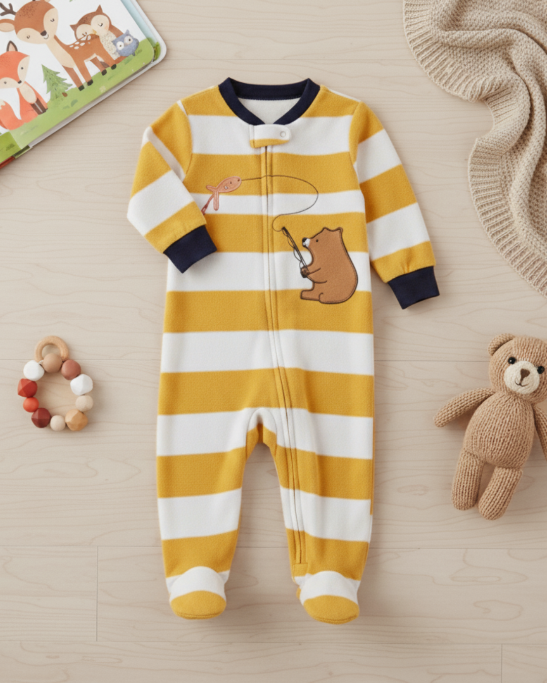 🐻 Carter’s Baby Boy Striped Bear Fleece Sleep & Play – Classic Stripes