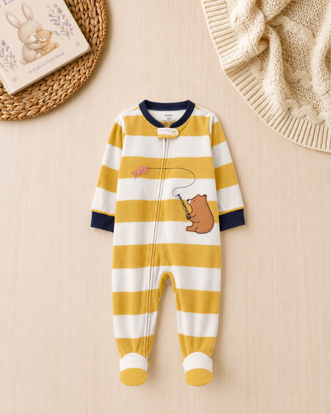 🐻Original Carter’s Baby Boy Striped Bear Fleece Sleep & Play