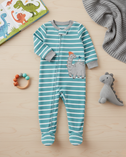 🦕 Carter’s Baby Boy Turquoise Stripes Dinosaur Fleece Sleep & Play
