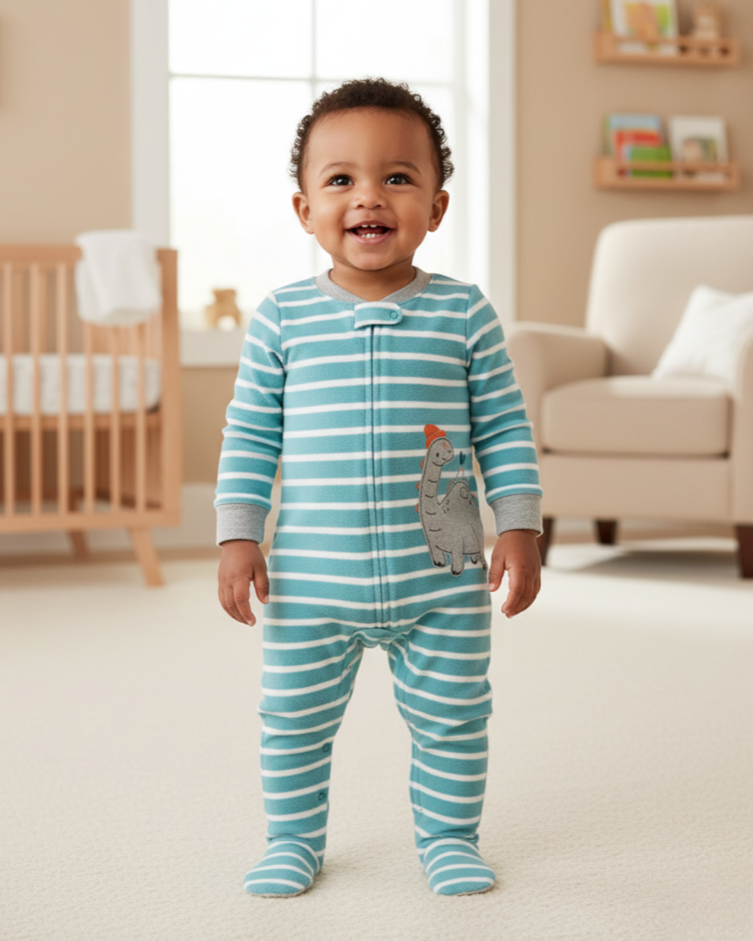 🦕 Carter’s Baby Boy Turquoise Stripes Dinosaur Fleece Sleep & Play