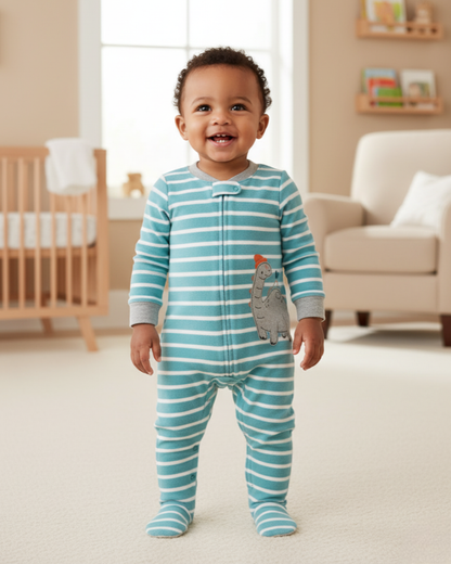🦕 Carter’s Baby Boy Turquoise Stripes Dinosaur Fleece Sleep & Play