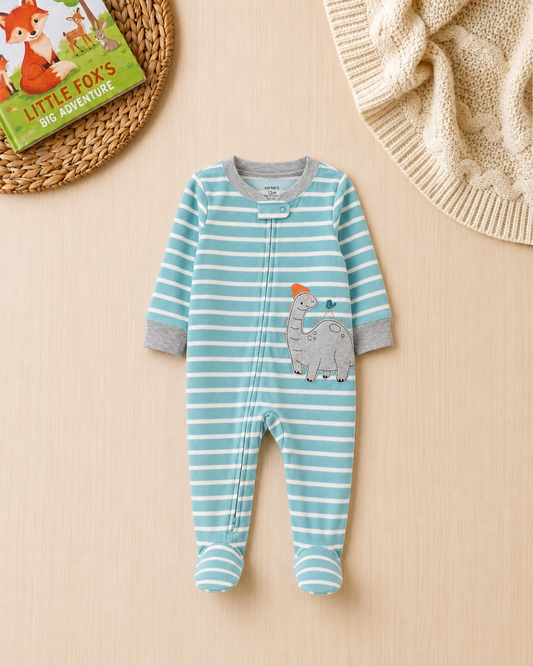 🦕Original Carter’s Baby Boy Dinosaur Fleece Sleep & Play – Turquoise Stripes