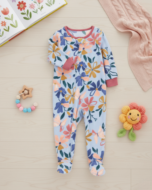 🌸 Carter’s Baby Girl Floral Fleece Sleep & Play – Soft Blue