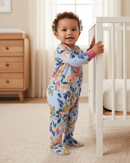 🌸 Carter’s Baby Girl Floral Fleece Sleep & Play – Soft Blue