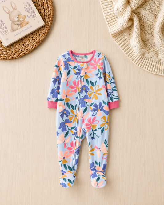 🌸Original Carter’s Baby Girl Floral Fleece Sleep & Play – Soft Blue