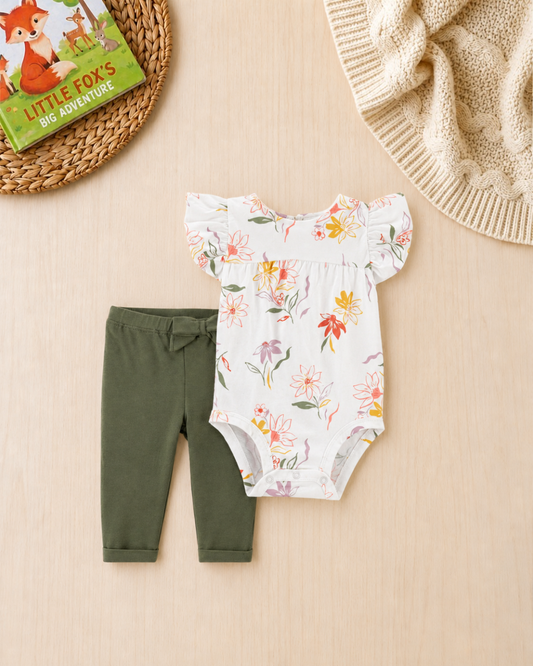 🌸Original Carter’s Baby Girl 2-Piece "Wildflower Garden" Set – Floral & Olive