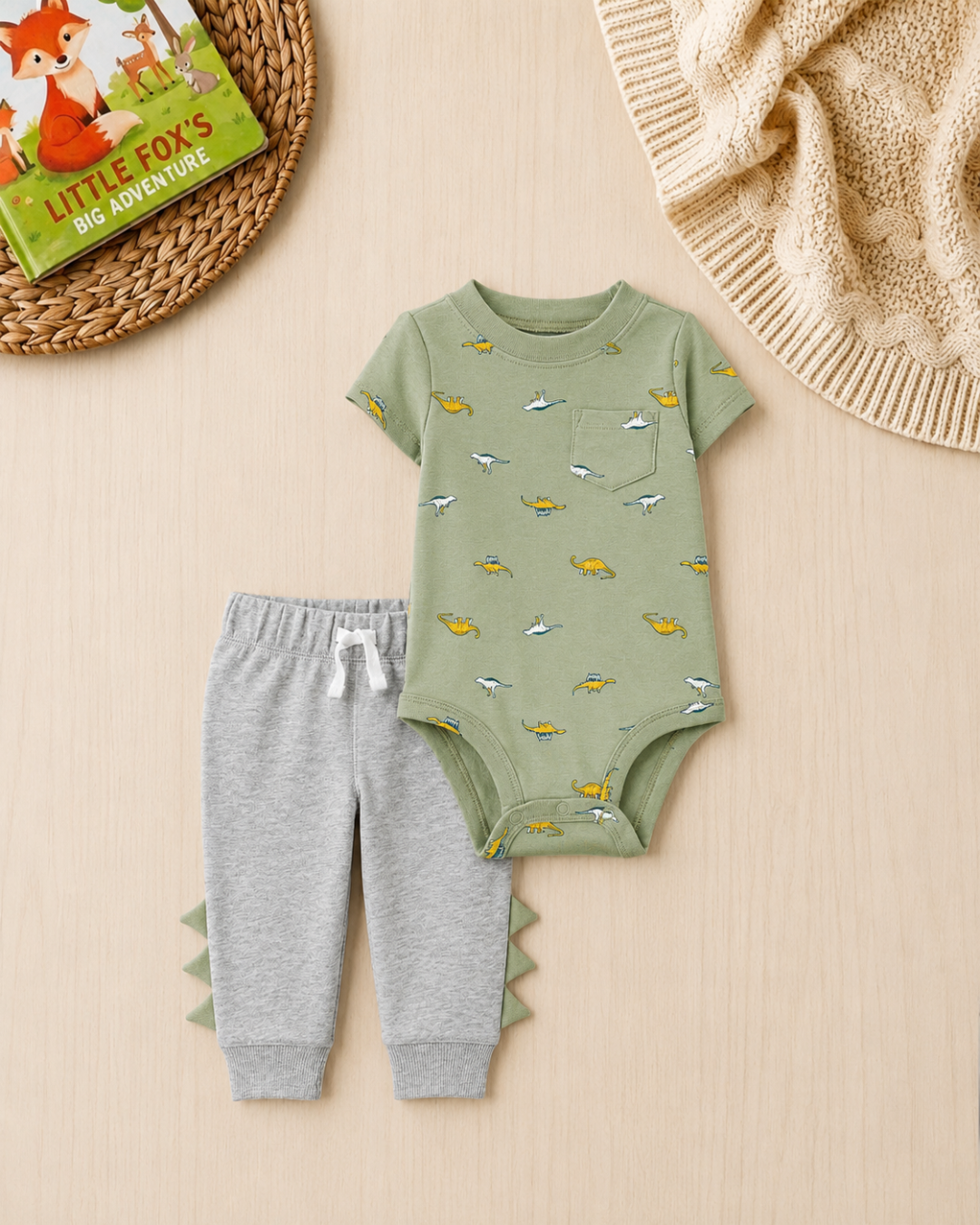🦕 Carter’s Baby Boy 2-Piece "Dino Discovery" Set – Sage & Grey