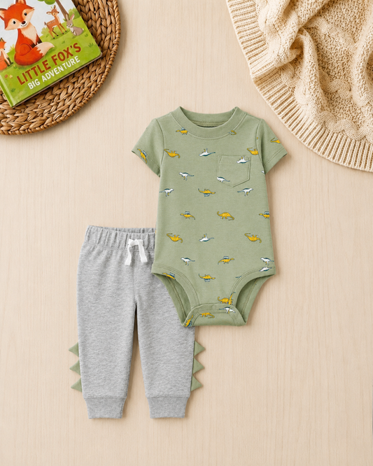 🦕 Carter’s Baby Boy 2-Piece "Dino Discovery" Set – Sage & Grey