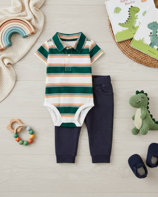 🌳 Carter’s Baby Boy 2-Piece "Parkside Polo" Set – Forest Green & Navy