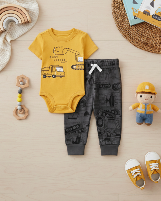 🚧 Carter’s Baby Boy 2-Piece "Busy Little Guy" Set – Mustard & Charcoal