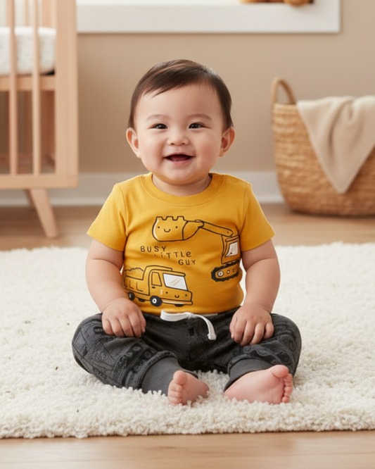 🚧 Carter’s Baby Boy 2-Piece "Busy Little Guy" Set – Mustard & Charcoal