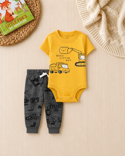 🚧Original Carter’s Baby Boy 2-Piece "Busy Little Guy" Set – Mustard & Charcoal