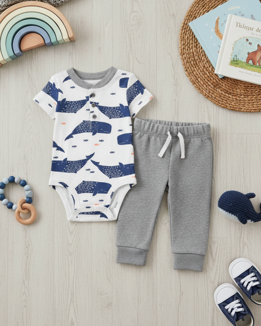 🐳 Carter’s Baby Boy 2-Piece "Whale of a Time" Set – White & Heather Grey
