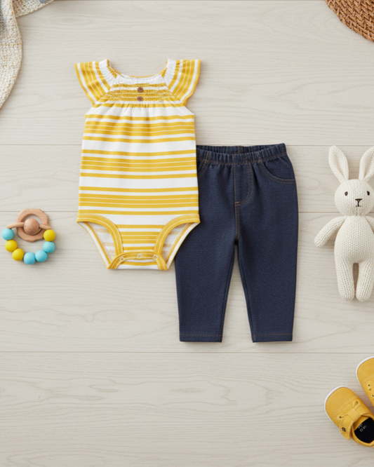 ☀️ Carter’s Baby Girl 2-Piece "Sunlight Stripes" Set – Yellow & Denim