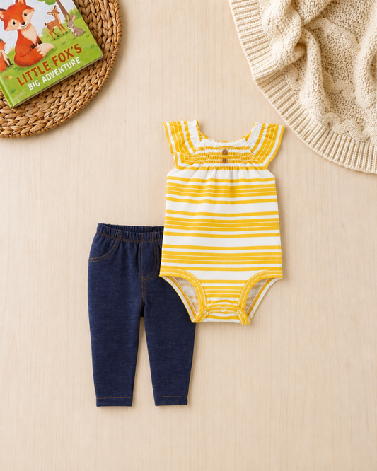☀️Original Carter’s Baby Girl 2-Piece "Sunlight Stripes" Set – Yellow & Denim