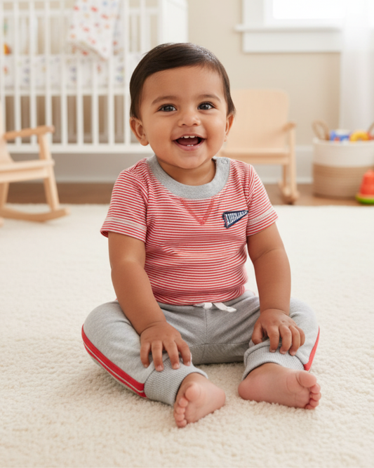 🏀 Carter’s Baby Boy 2-Piece "Little Varsity" Set – Red Stripe & Heather Grey