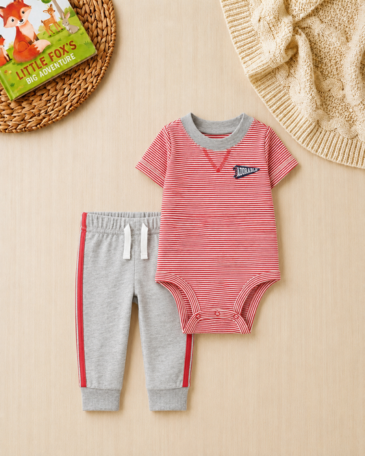 🏀 Carter’s Baby Boy 2-Piece "Little Varsity" Set – Red Stripe & Heather Grey