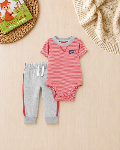 🏀Original Carter’s Baby Boy 2-Piece "Little Varsity" Set – Red Stripe & Heather Grey
