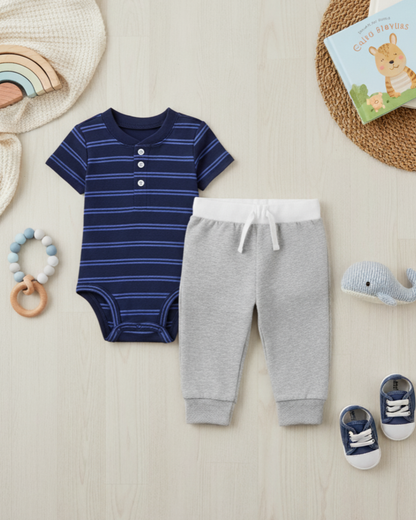 💙 Carter’s Baby Boy 2-Piece "Classic Stripe" Set – Indigo & Heather Grey