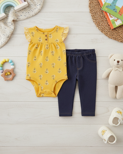🌼 Carter’s Baby Girl 2-Piece "Golden Garden" Set – Mustard & Denim