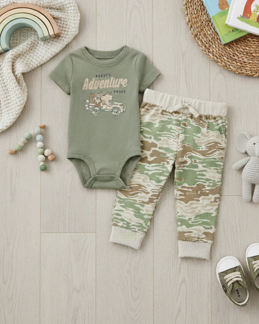 🐘 Carter’s Baby Boy 2-Piece "Adventure Buddy" Set – Sage & Camo