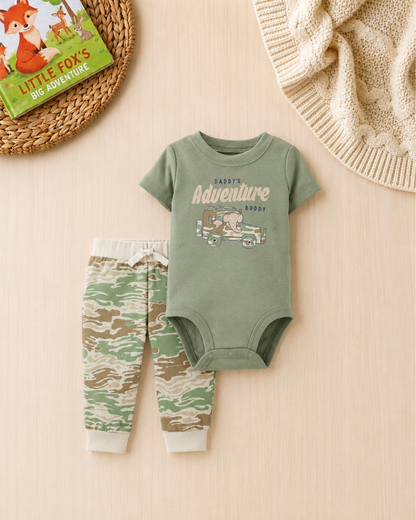 🐘Original Carter’s Baby Boy 2-Piece "Adventure Buddy" Set – Sage & Camo