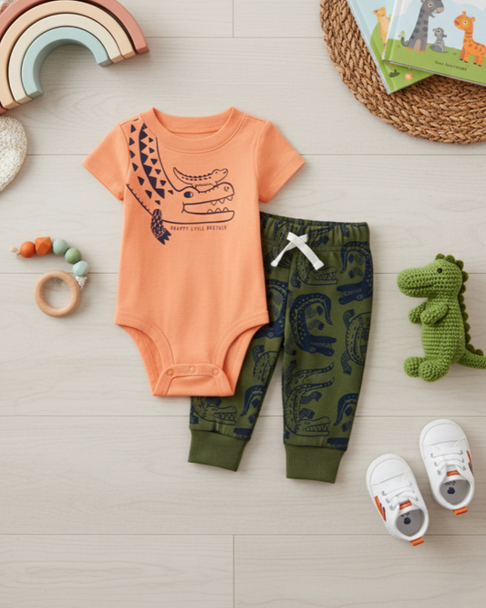 🐊 Carter’s Baby Boy 2-Piece "Snappy Little Brother" Set – Apricot & Olive