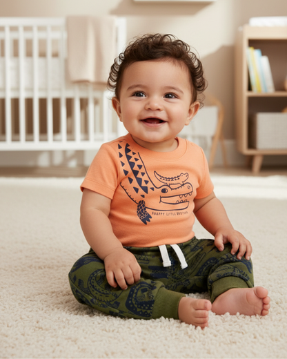 🐊 Carter’s Baby Boy 2-Piece "Snappy Little Brother" Set – Apricot & Olive