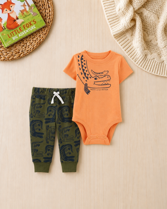 🐊Original Carter’s Baby Boy 2-Piece "Snappy Little Brother" Set – Apricot & Olive