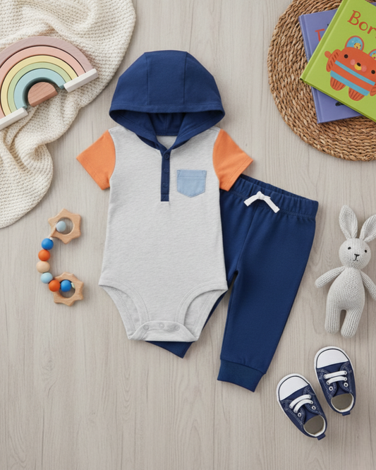 🏀 Carter’s Baby Boy 2-Piece "Little MVP" Hoodie Set – Grey, Orange & Royal Blue