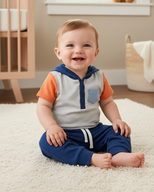🏀 Carter’s Baby Boy 2-Piece "Little MVP" Hoodie Set – Grey, Orange & Royal Blue
