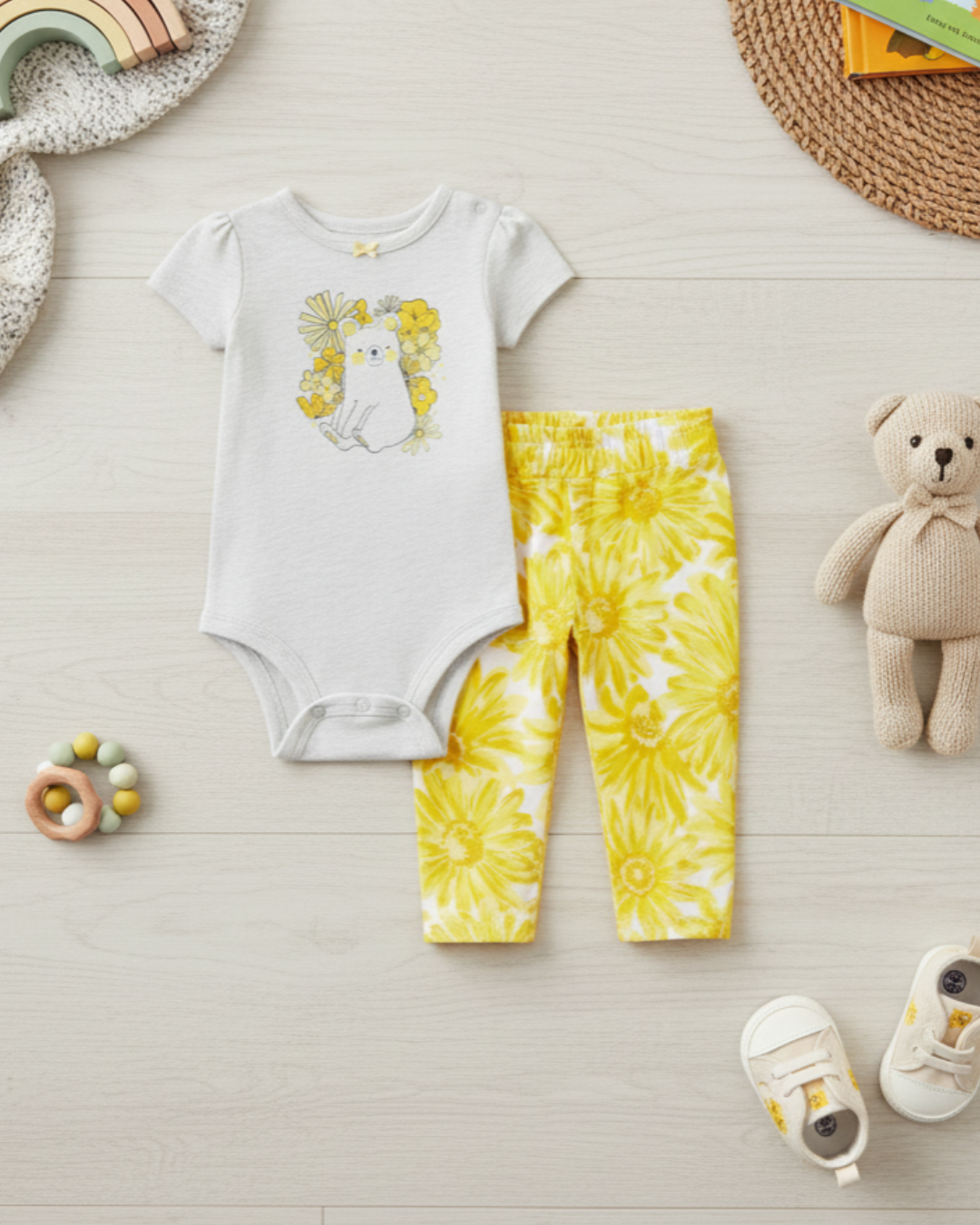 🌼 Carter’s Baby Girl 2-Piece "Sunny Bear" Set – Heather Grey & Daisy Yellow