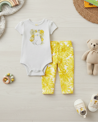 🌼 Carter’s Baby Girl 2-Piece "Sunny Bear" Set – Heather Grey & Daisy Yellow