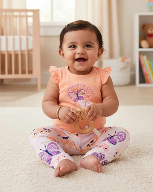 🦋 Carter’s Baby Girl 2-Piece "Cutest Little Sister" Set – Peach & Purple