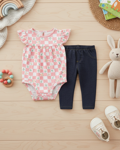 🌸 Carter’s Baby Girl 2-Piece "Pink Picnic" Set – Checkered Floral & Denim