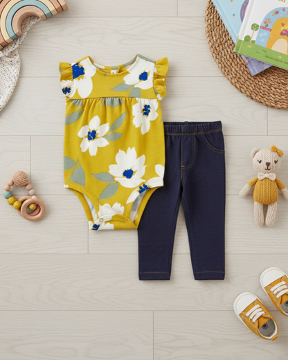 🌻 Carter’s Baby Girl 2-Piece "Golden Bloom" Set – Mustard & Indigo Denim
