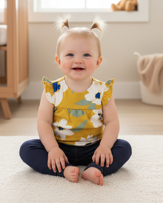 🌻 Carter’s Baby Girl 2-Piece "Golden Bloom" Set – Mustard & Indigo Denim