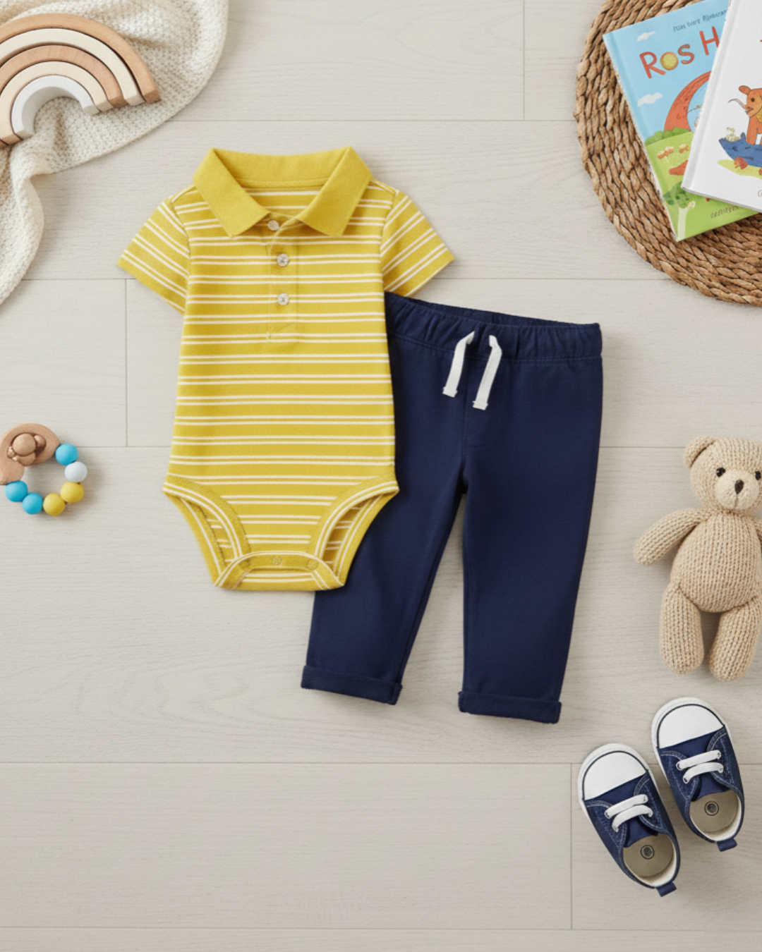 🍋 Carter’s Baby Boy 2-Piece "Sun-Kissed Stripes" Polo Set – Yellow & Navy