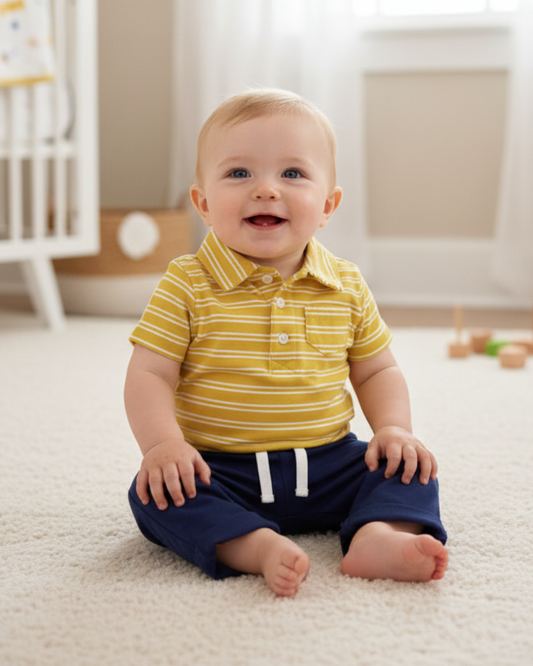 🍋 Carter’s Baby Boy 2-Piece "Sun-Kissed Stripes" Polo Set – Yellow & Navy