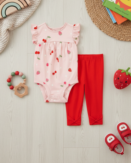 🍒 Carter’s Baby Girl 2-Piece "Sweet Harvest" Set – Pink & Cherry Red