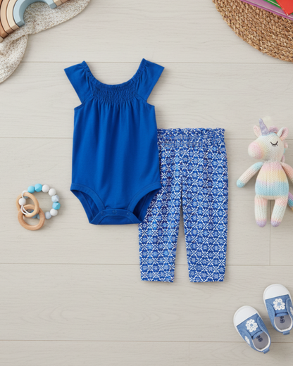 💙 Carter’s Baby Girl 2-Piece "Royal Garden" Set – Deep Blue & Geo Print