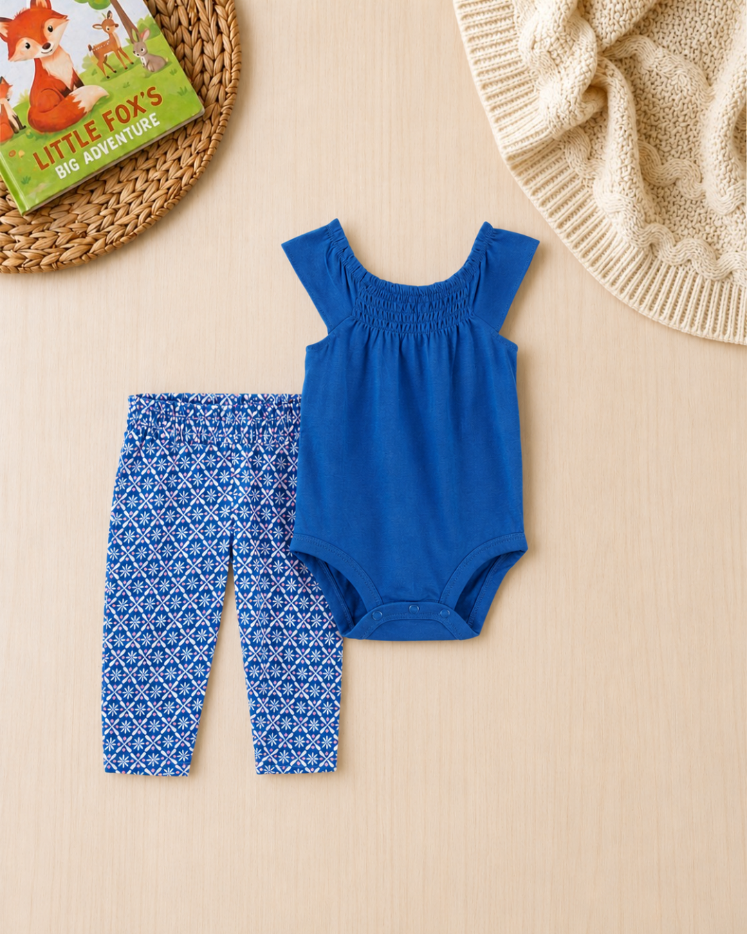 💙Original Carter’s Baby Girl 2-Piece "Royal Garden" Set – Deep Blue & Geo Print