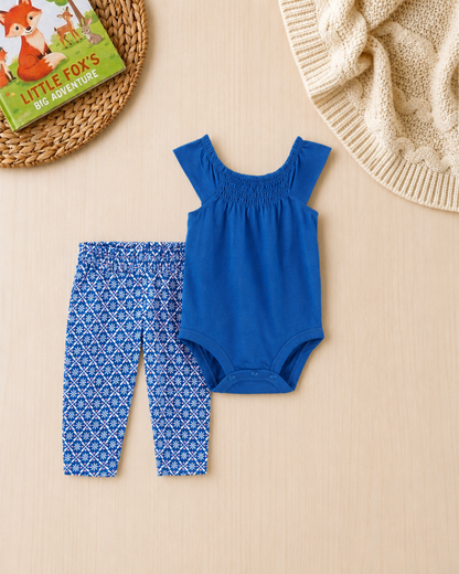 💙Original Carter’s Baby Girl 2-Piece "Royal Garden" Set – Deep Blue & Geo Print