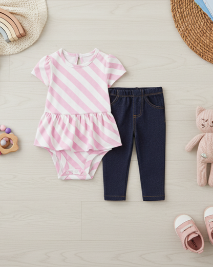 🌸 Carter’s Baby Girl 2-Piece "Lilac Peplum" Set – Stripes & Denim