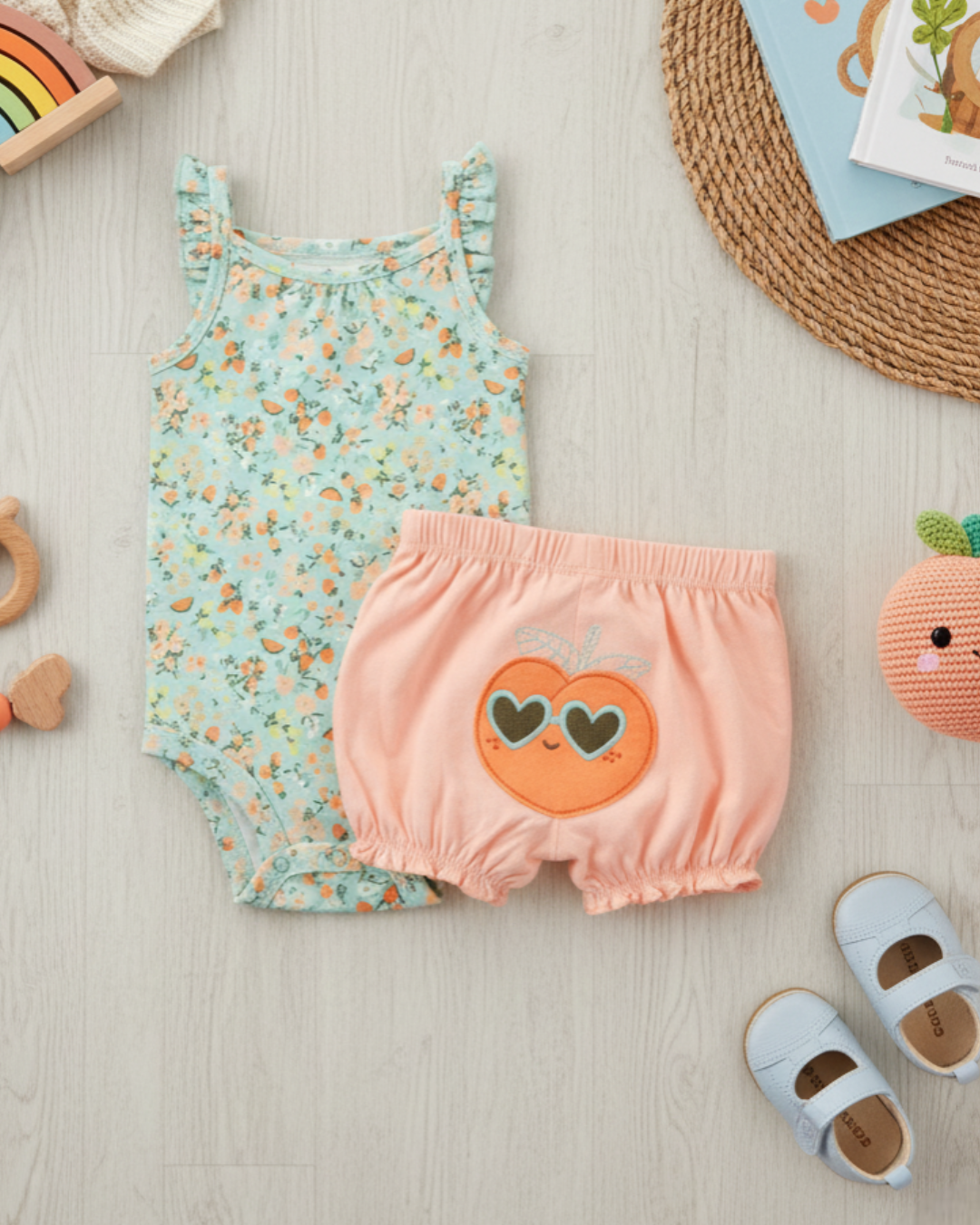 🍑 Carter’s Baby Girl 2-Piece "Sweet as a Peach" Set – Mint & Coral