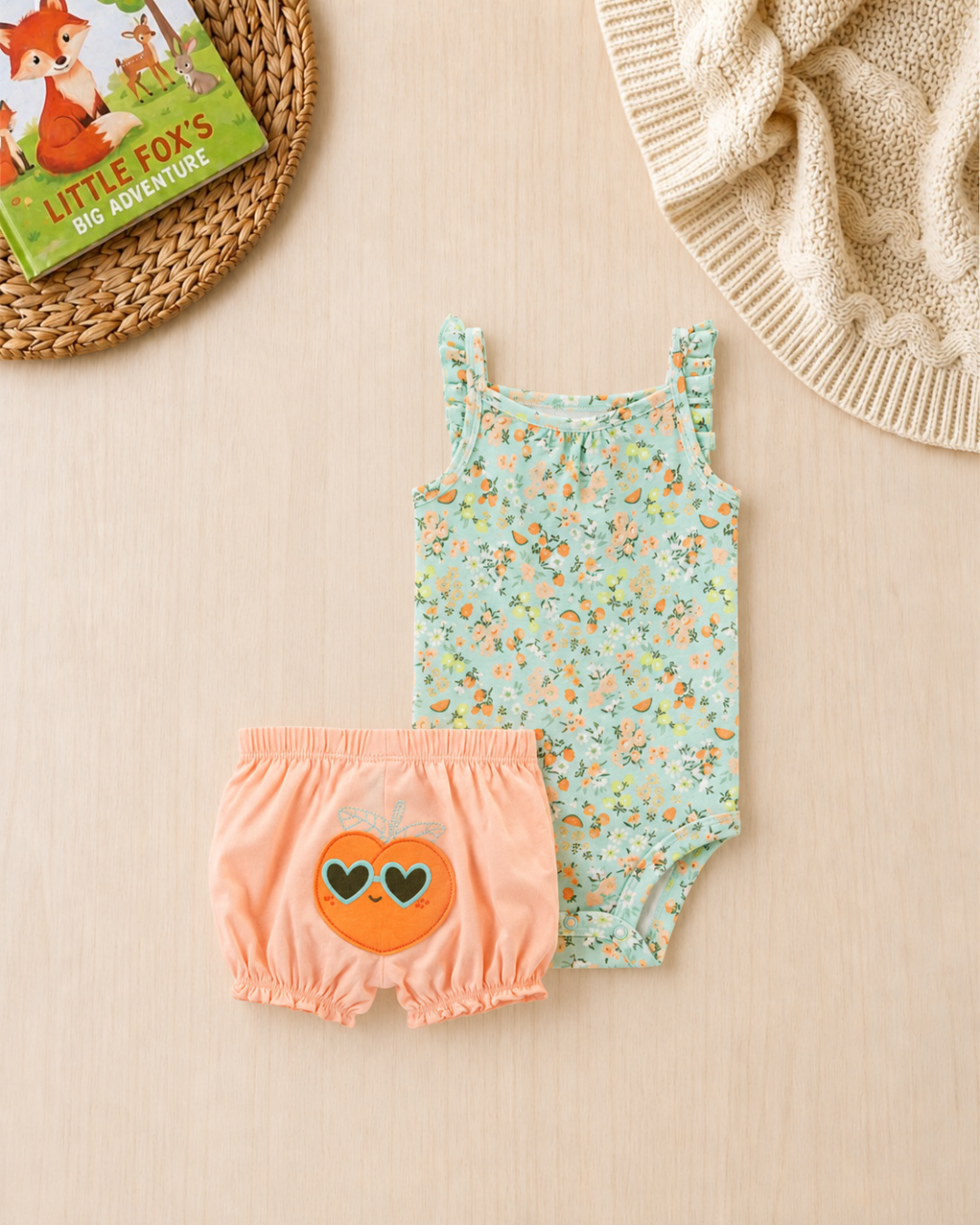 🍑Original Carter’s Baby Girl 2-Piece "Sweet as a Peach" Set – Mint & Coral
